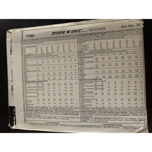 McCall's Misses Shirt Vest Pant Skirt Sewing Pattern Sz 16 - 22 7760 - Uncut - Picture 4 of 9